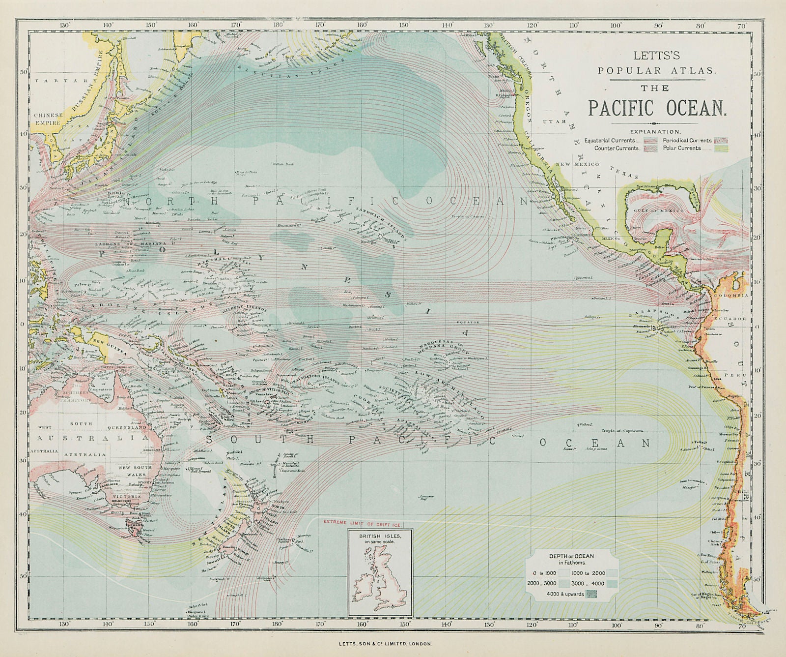 PACIFIC OCEAN & ISLANDS. Australasia. Currents. LETTS 1884 old antique map